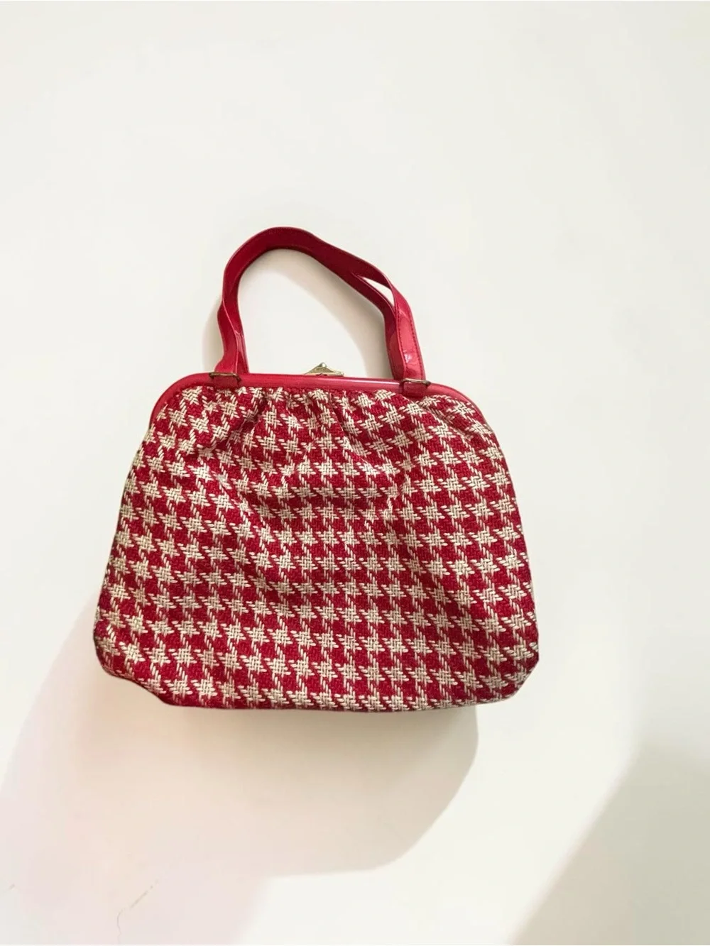 Vintage Minaret USA Red Cream Woven Houndstooth Frame Handbag Purse